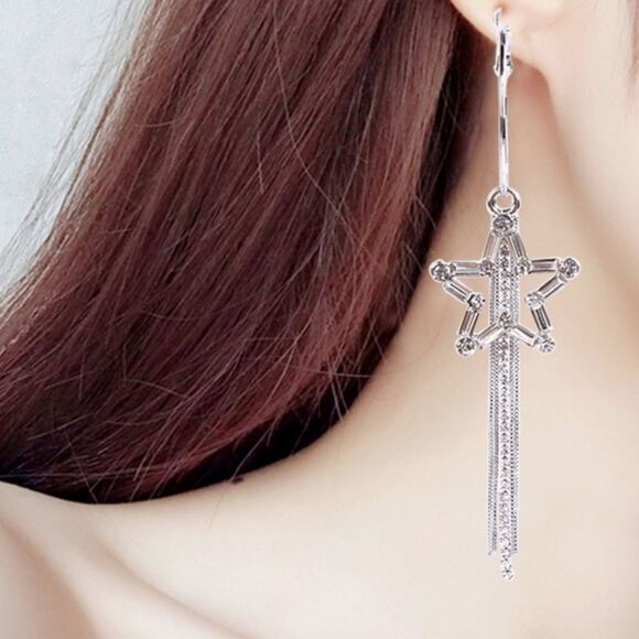 Silver Stars Dazzling Long Tassel Chains Hoop Earrings NEW - Picture 3 of 4